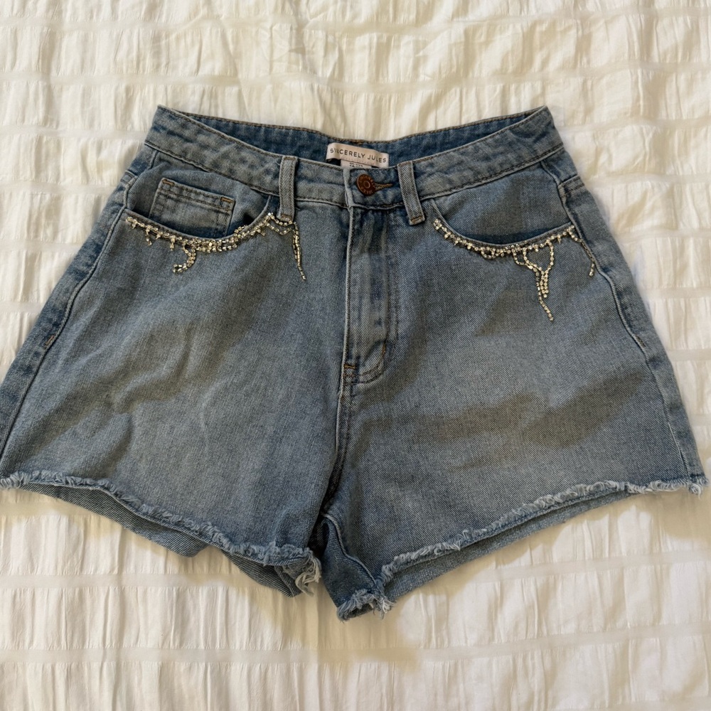 Sincerely Jules Light Blue Jean Shorts with Rhinestone‎ Detail